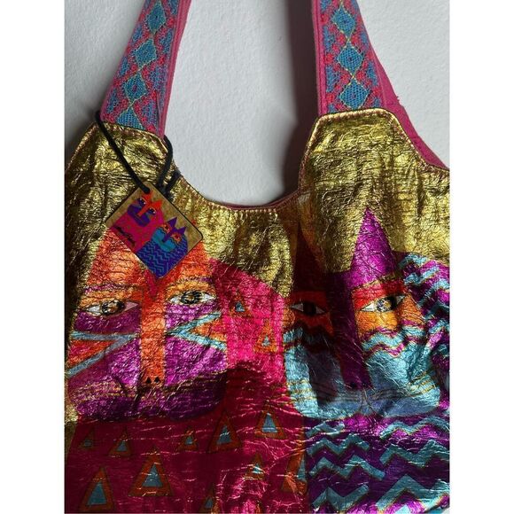 Laurel Burch Colorful Wild Cats Foil Medium Scoop Tote - Picture 2 of 15